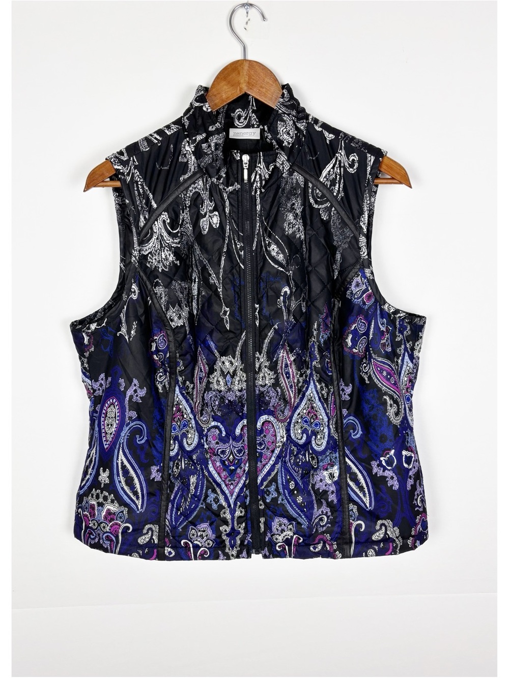 Chicos Zenergy Quilted Vest Womens Size 2 Large Blue Purple Paisley Full Zip
